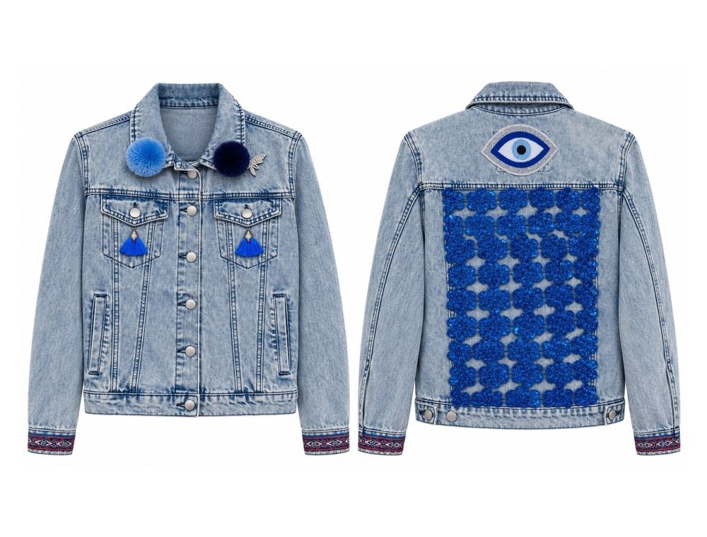 Evil Eye Sequin Denim Jacket front and back