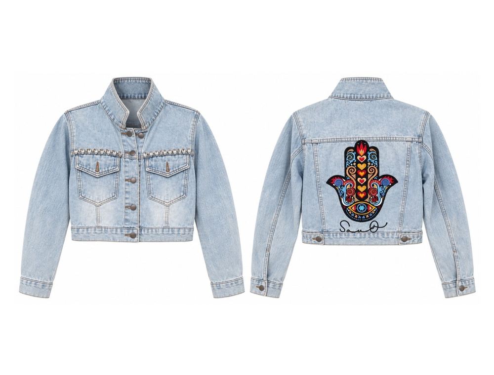 Hamsa Cropped Denim Jacket front and back