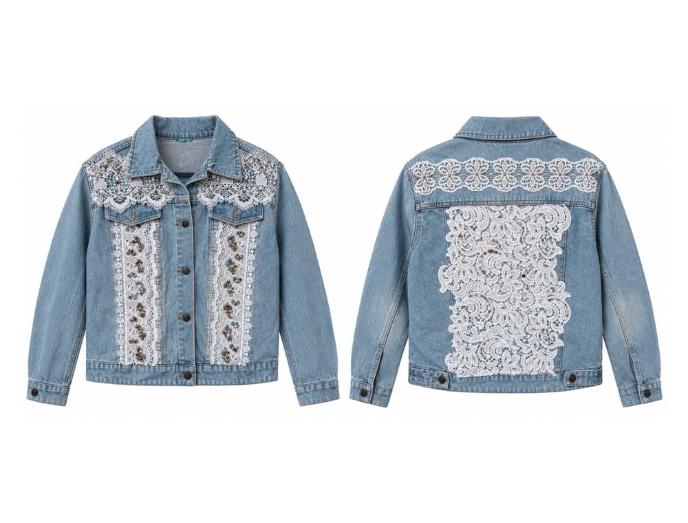 Lace Panel Denim Jacket front and back