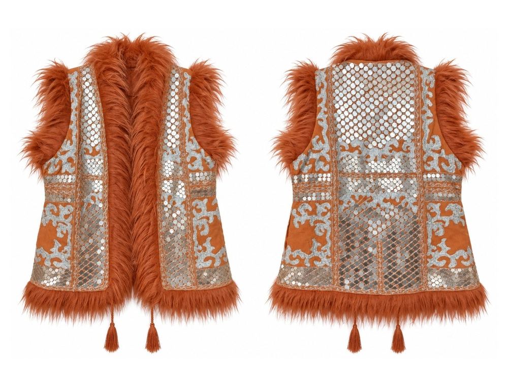 Rust Mirrorwork Faux Fur Vest front and back