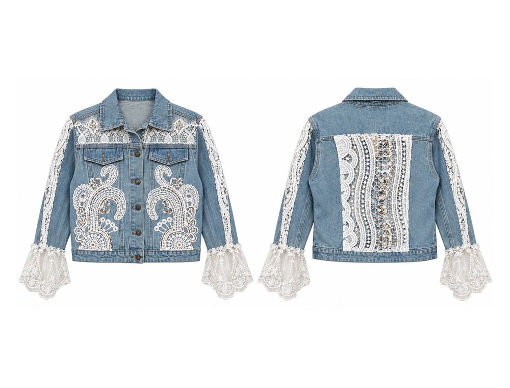 Bell Cuff Lace Denim Jacket front and back