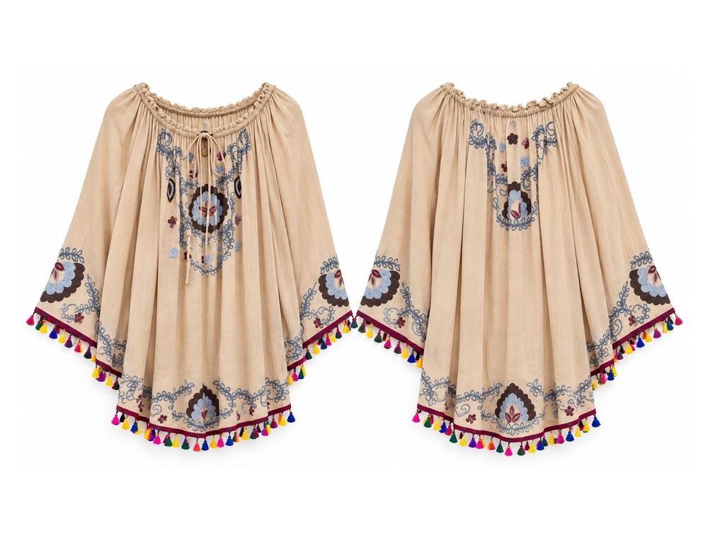 Embroidered Tassel Poncho Top front and back