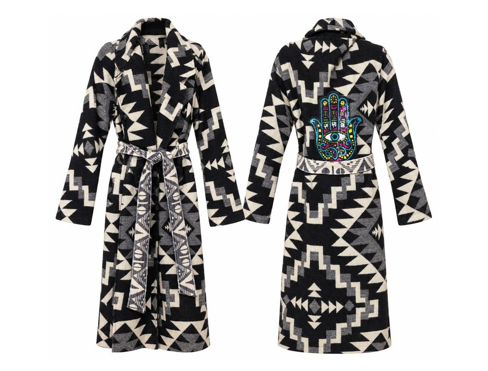Black & Ivory Hamsa Wrap Coat front and back