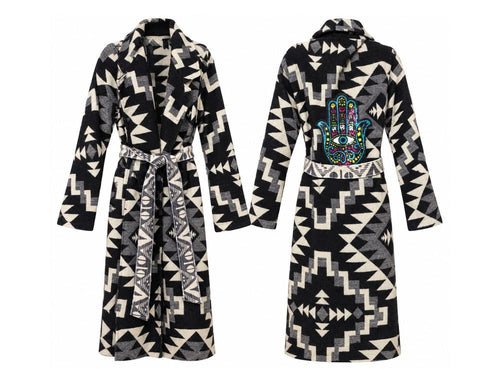 Black & Ivory Hamsa Wrap Coat front and back