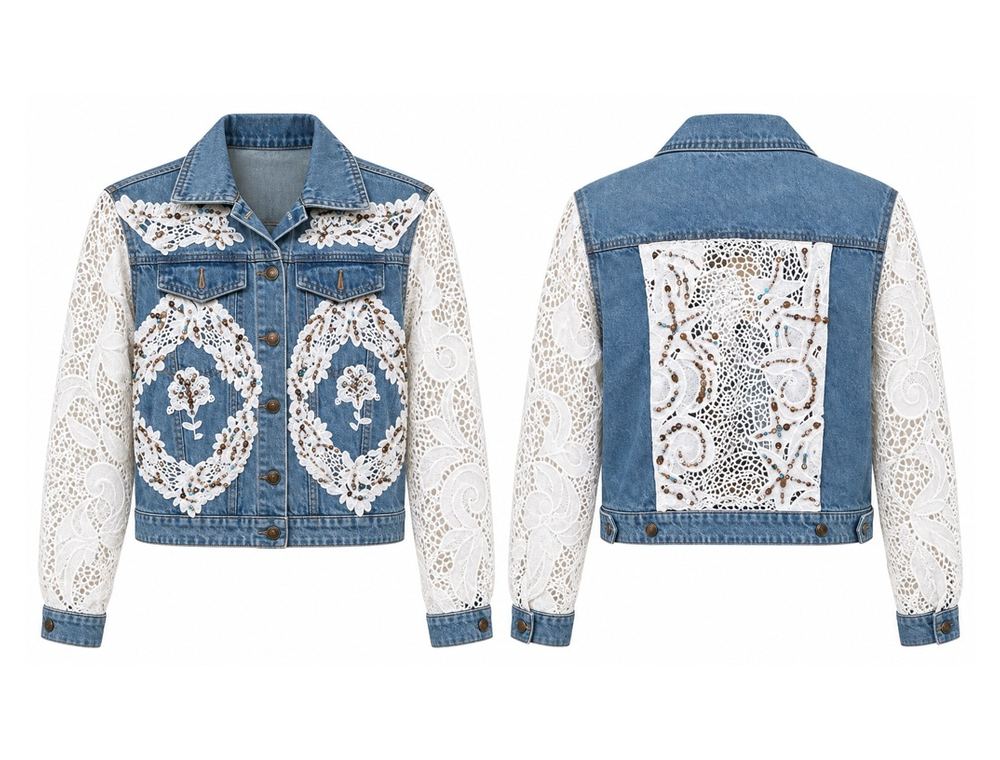 Floral Lace Sleeve Denim Jacket front and back