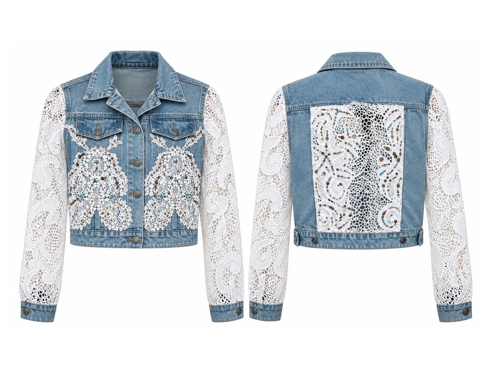 Cropped Lace Sleeve Denim Jacket front and back
