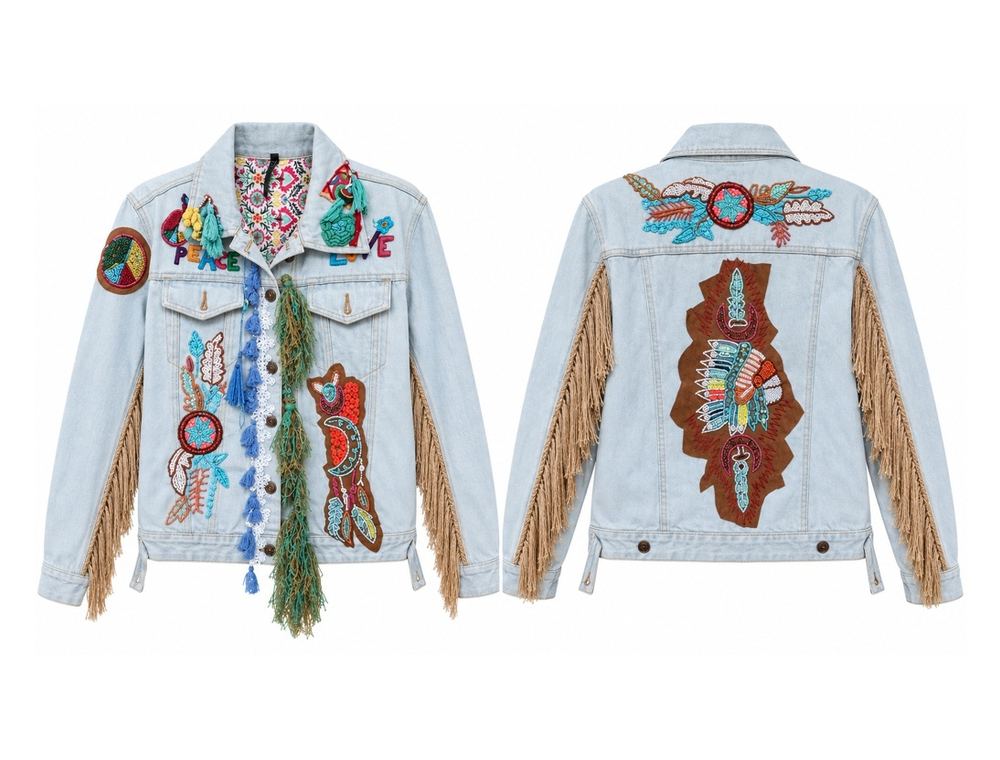 Peace & Love Fringe Denim Jacket front and back