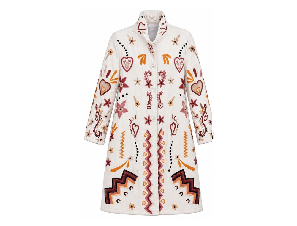 Ivory Folk Embroidered Coat front and back