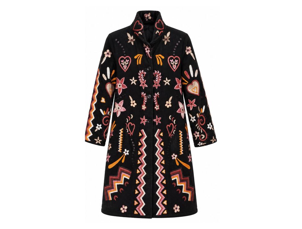 Black Folk Embroidered Coat front and back