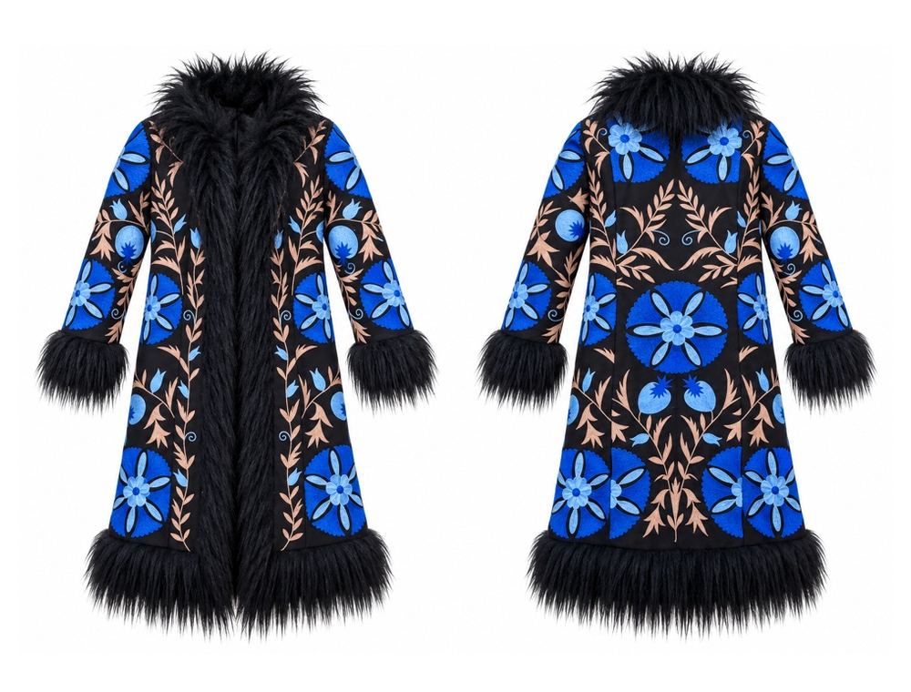 Cobalt Suzani Faux Fur Coat front and back