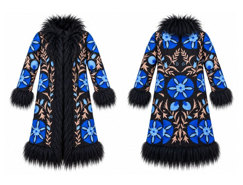 Cobalt Suzani Faux Fur Coat front and back